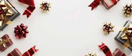 Christmas decoration composition on light gold background with beautiful Golden gift box with red ribbon, fir branches, cones, stars, Christmas cookies,cinnamon, top view, copy space, ban