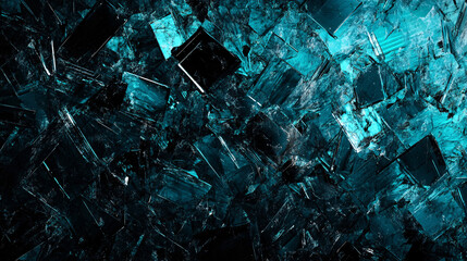 Naklejka premium A shattered glass surface with sharp broken edges reflecting teal light creating a futuristic and dramatic abstract composition 
