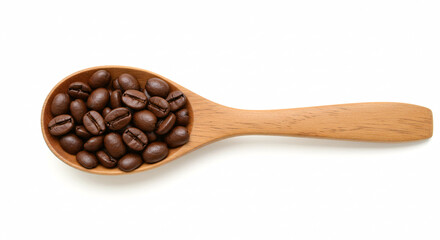 Obraz premium Coffee Bean Spoon: A wooden spoon overflows with roasted coffee beans, their rich, dark brown hue and enticing aroma beckoning a cup of delicious coffee. 