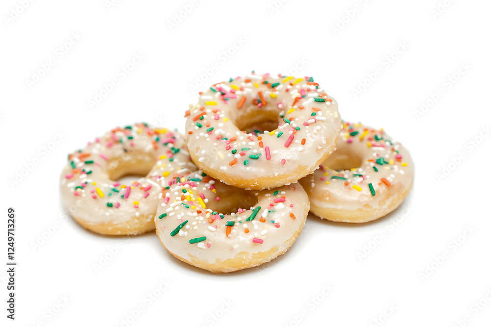 Canvas Prints A stack of frosted donuts, topped with colorful sprinkles, sits invitingly on a plain white surface.