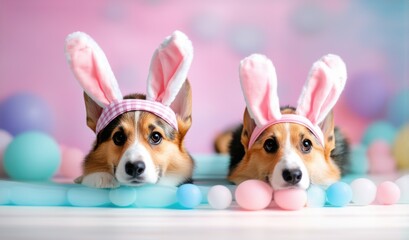 corgi dogs wearing a headband with bunny ears. happy Easter greeting card.