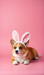 corgi dog wearing a headband with bunny ears on pink background. happy Easter greeting card. place for information and advertising. Copy space