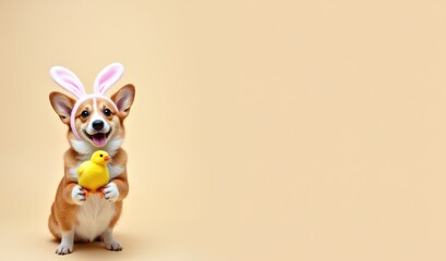 corgi dog with a chicken on a yellow background, a place for information and advertising