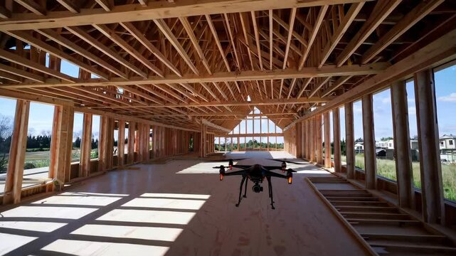 A drone hovers above the floor of a wooden building under construction, highlighting the intricate framework and open spaces. Sunlight filters through large windows, creating patterns on the wood.