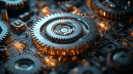 Close-up of metallic gears and circuits in blue light, symbolizing technological innovation, precision, and industrial machinery with a futuristic touch and space for text