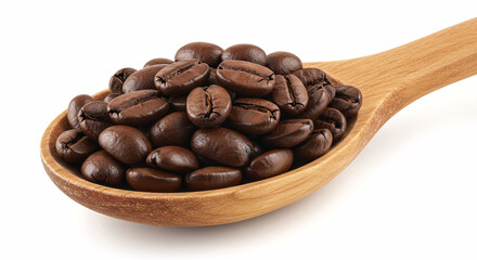 Obraz premium Coffee Beans in Wooden Spoon: A close-up shot of freshly roasted coffee beans nestled in a rustic wooden spoon, highlighting their rich, dark brown color and inviting aroma.