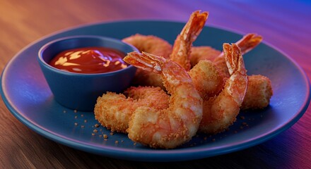 Delicious Fried Shrimp with Ketchup on Blue Plate Appetizer
