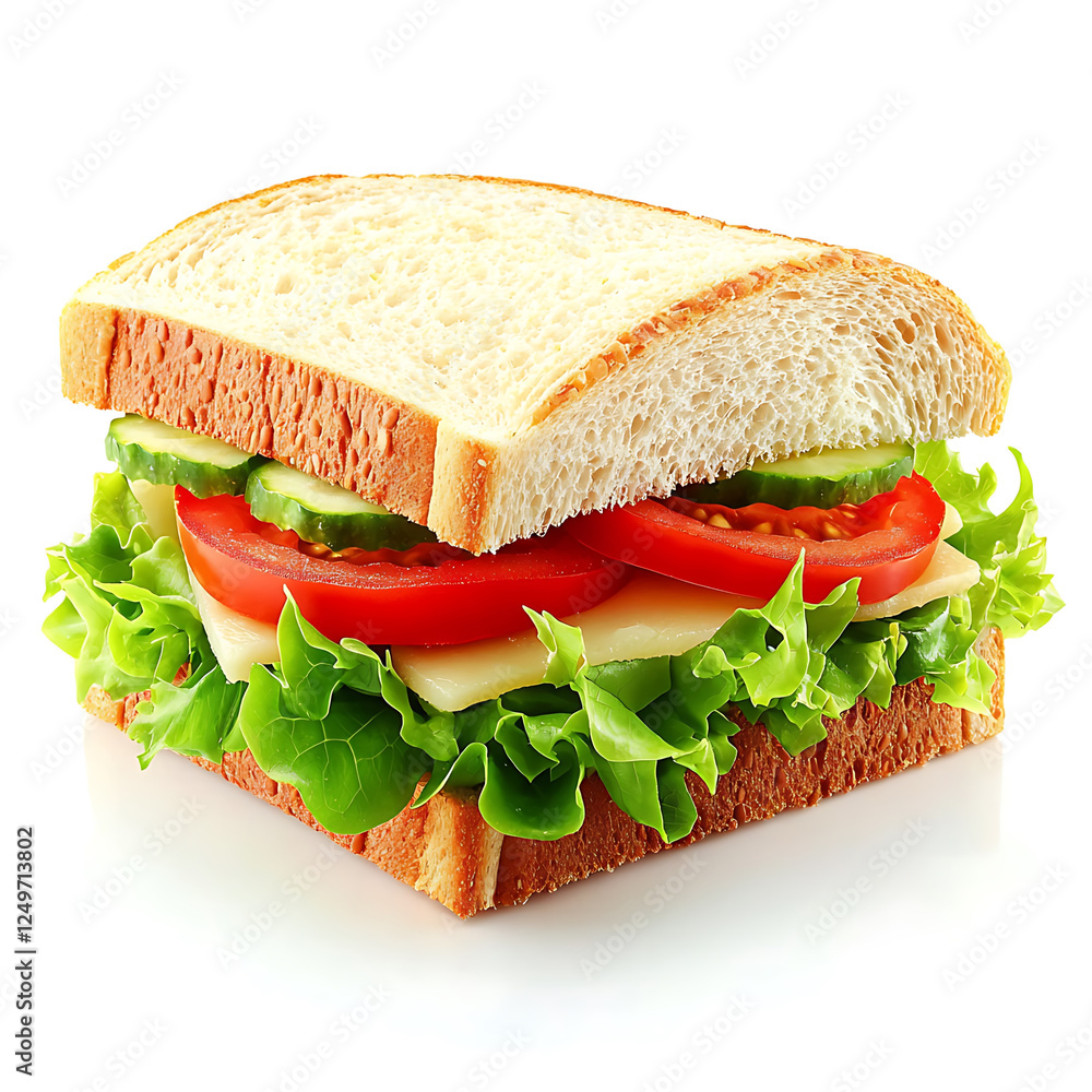 Sticker A delicious-looking sandwich with lettuce, cheese, tomato, and cucumber slices between two pieces of bread, isolated on white.