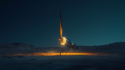 Fototapeta premium Futuristic spaceship landed on a desolate alien planet at night, illuminated by its own lights.