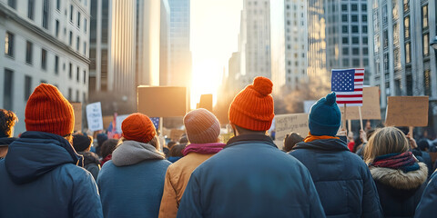 A group of people in warm clothing, including colorful hats, participating in a protest or march in a city street at sunrise, with signs and an American flag visible
