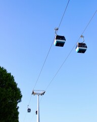 Aerial Cable Cars Suspended Overhead Against a Bright Blue Sky with Support Tower Below