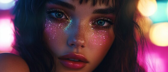 Obraz premium Captivating Portrait: Vibrant Glitter Makeup and Alluring Nightly Ambiance