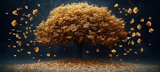 A majestic autumn tree with vibrant orange leaves, surrounded by swirling golden leaf petals, creating a magical and serene atmosphere in the dark background.