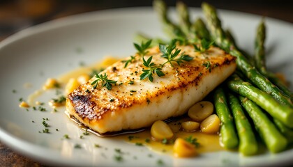 Grilled Fish Fillet Served with Asparagus and Garlic Sauce on Plate