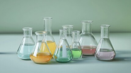 Experimenting with colorful chemical solutions in laboratory glassware science lab still life clean close-up