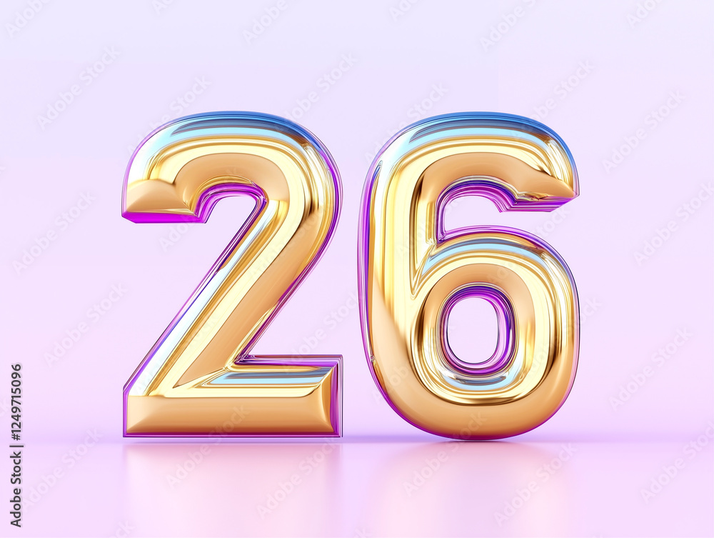 Poster number 26 graphic design in shiny metallic style with colorful reflections and smooth textures