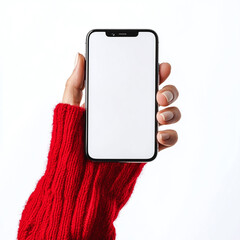 Woman hand in red sweater holding phone mockup with white screen isolated on white background.