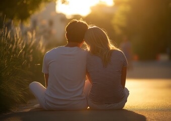 Fototapeta premium A young couple sitting on the ground, with their backs to each other and facing away from the camera, wearing white pants Generative AI