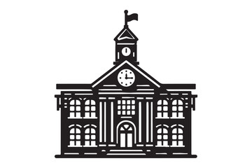 School building with clock and flag flat icon
