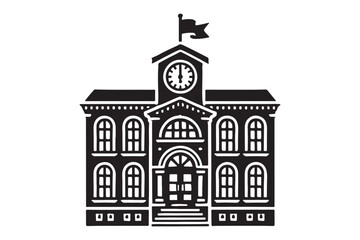School building with clock and flag flat icon