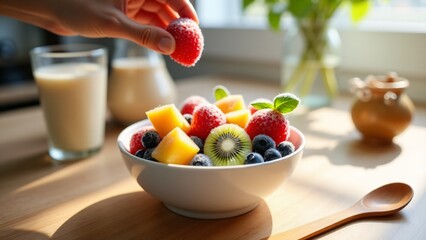 A ceramic bowl holds a vibrant mix of frozen fruit—strawberries, mango, kiwi, and blueberries—glistening under natural light, ready to be blended into a delicious smoothie.