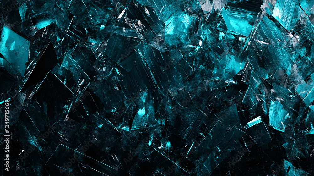 Aufkleber close-up of broken glass shards illuminated by a blue light creating an abstract and futuristic comp
