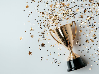 Trophy celebration with golden confetti in background sparkles and stars