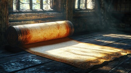 Ancient scroll unfurled in sunlit wooden cabin