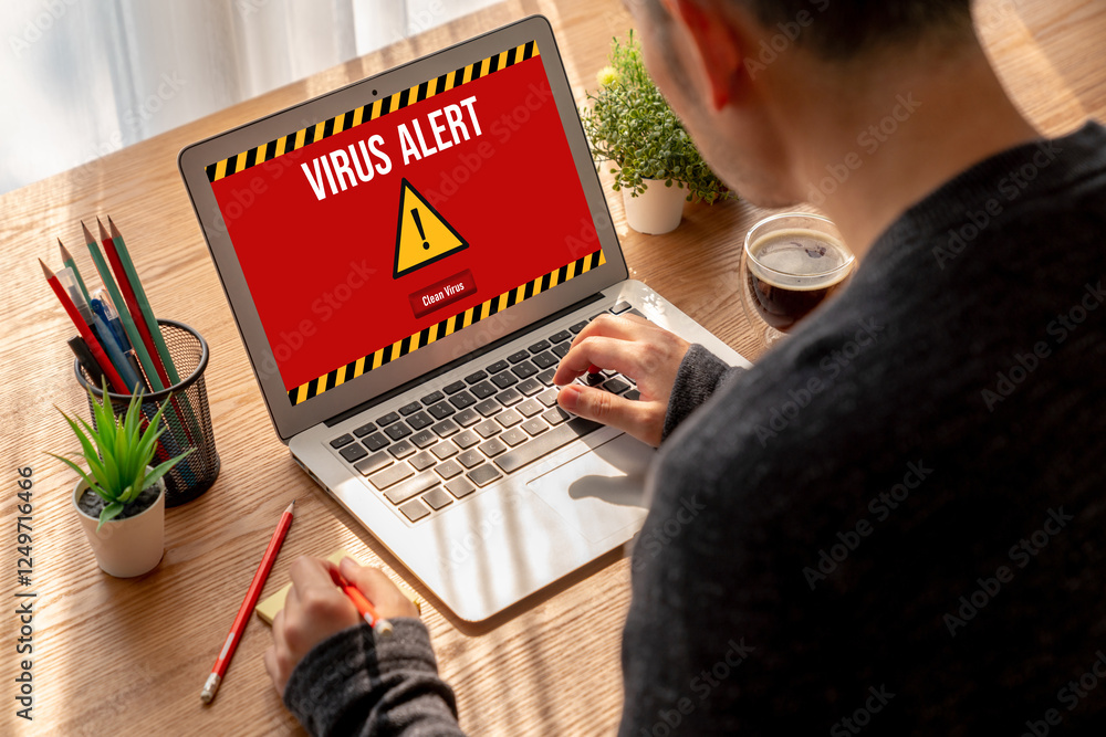 Poster virus warning alert on computer screen detected modish cyber threat , hacker, computer virus and mal