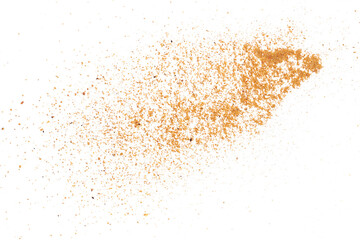 Ground, milled nutmeg powder flying isolated on white, clipping path