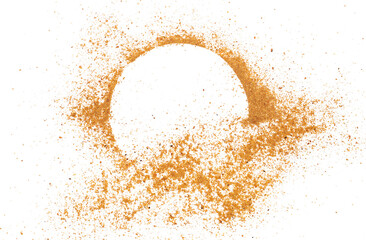 Milled nutmeg frame, powder in shape circle isolated on white background and texture