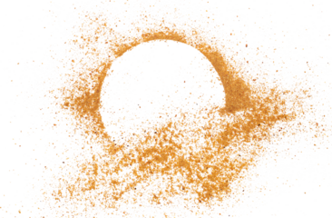 Milled nutmeg frame, powder in shape circle isolated on white background and texture