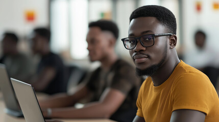 A group of young Ghanaian entrepreneurs working on laptops, showcasing modern business innovation