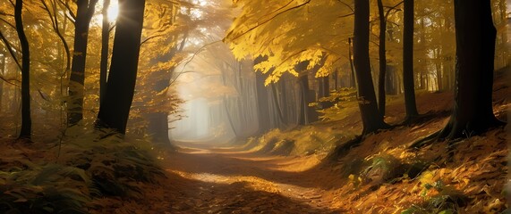 A delightful scene of a quiet forest path framed by golden autumn leaves encouraging gentle exploration into natures hidden wonders