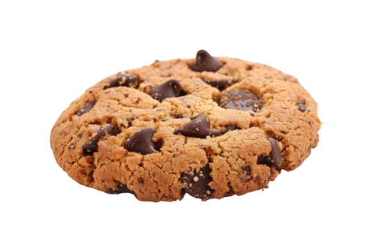 Homemade chocolate chip cookie with a decadent, chewy texture and chocolate chunks throughout isolated on transparent background