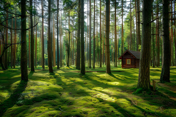 Obraz premium Serene Pine Forest with Sunlit Canopy and Secluded Wooden Cabin