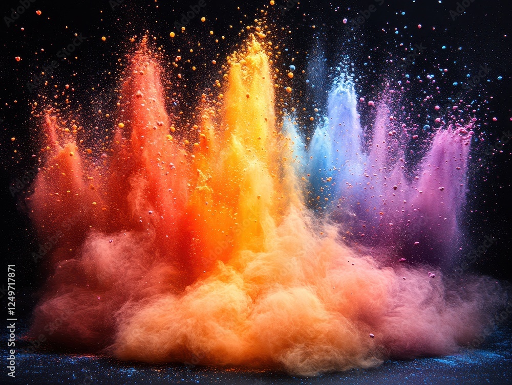 Poster vibrant explosion of colored powders creating a dynamic visual effect.