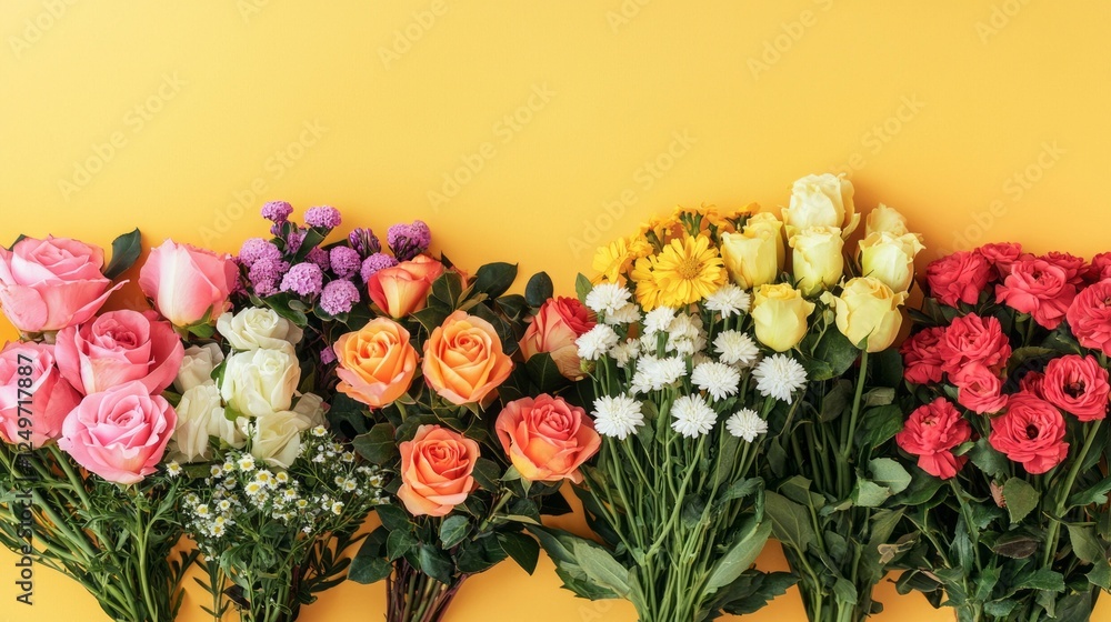 Poster a stunning flat lay display features a variety of vibrant flowers arranged harmoniously against a ch