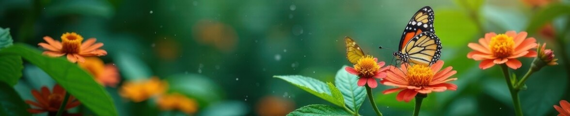 Naklejka premium Rain-soaked leaves, vibrant butterflies on flowering plants, wings, mystical