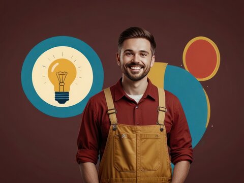 Smiling young worker in overalls with an innovative lightbulb concept