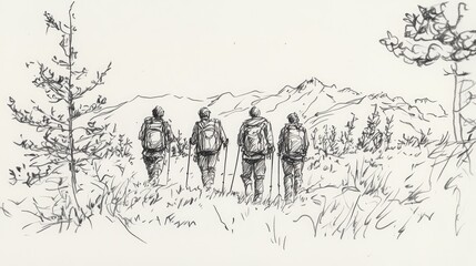 Obraz premium Four people are walking in the woods