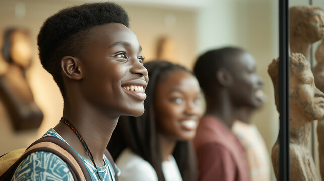 A group of young Ghanaian students smiling and enjoying a visit to a museum, engaging with art