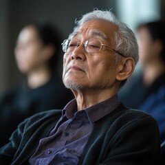 An older man wearing glasses is sitting in a chair