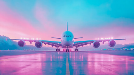 Commercial aircraft facing forward, bathed in neon hues of pink and blue on a landing strip