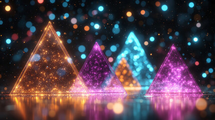 A dynamic neon-themed background featuring glowing triangles and hexagonal patterns. The modern bright tone evokes energy and movement, with blurred empty space on the side for caption placement