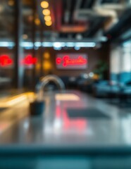 Blurred Interior with Neon Signs and Modern Design Elements Creates an Abstract Effect