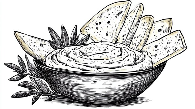 recommend clip art: Black and white Vintage engraved art of a bowl of hummus with pita bread slices, isolated on white background, ink sketch illustration, simple vector art design, highly detailed line art