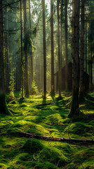 Obraz premium Serene Pine Forest with Sunlit Canopy and Secluded Wooden Cabin