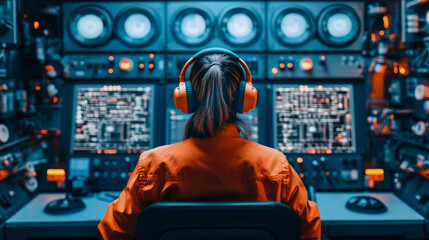 Obraz premium Control Room Operator at Work: Monitoring Complex Systems