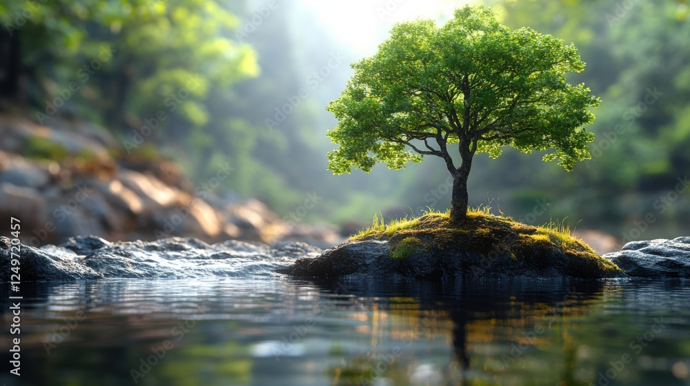 Poster serene isolated tree on a rocky island in a tranquil river with soft sunlight filtering through tree